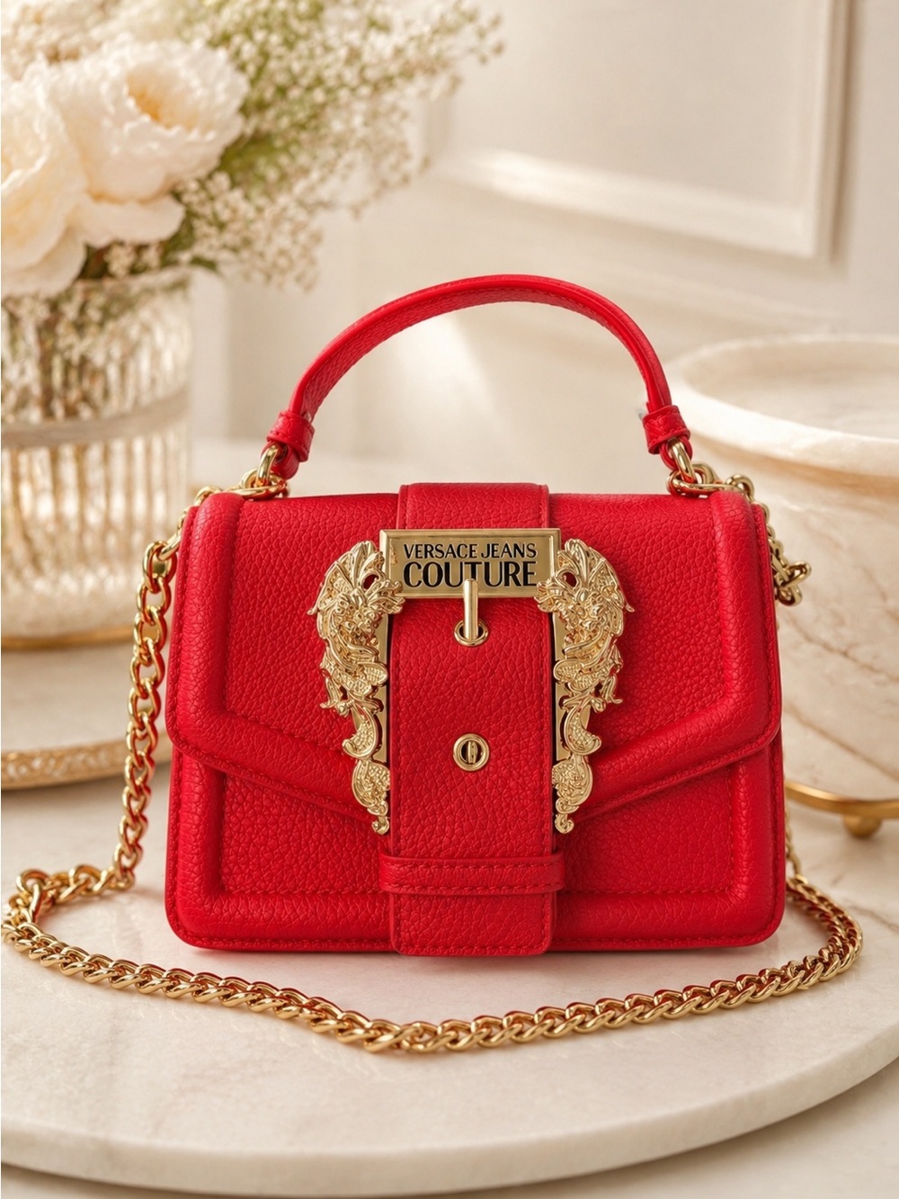 Versace Jeans Couture Red Leather Crossbody Bag with Gold Chain,new